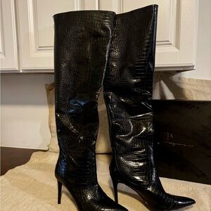 Zara Black Croc-Embossed Knee-High Boots